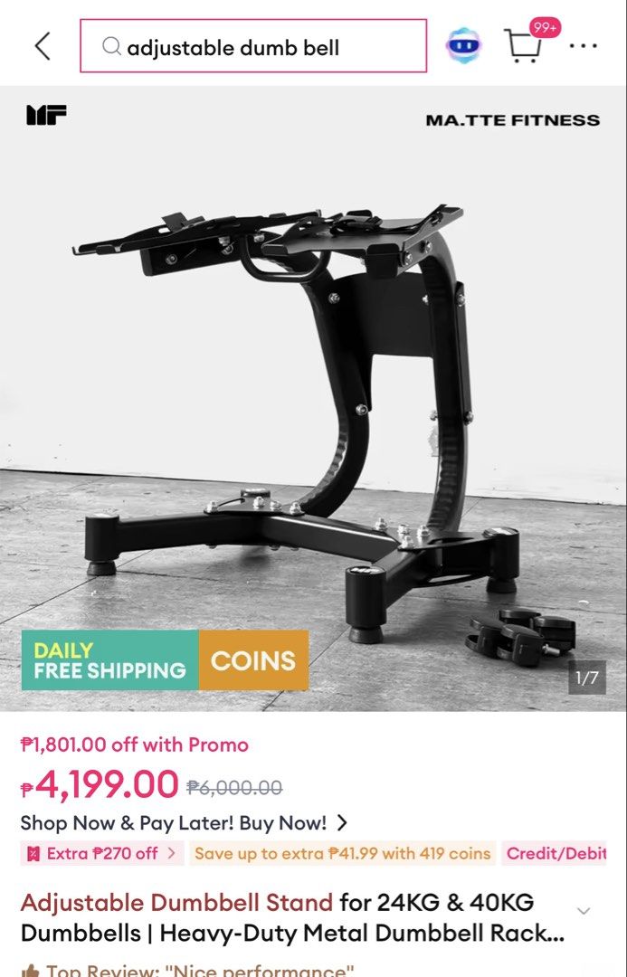 40kg Adjustable Dumbbell Pair with Stand (Category: Weights & Dumbbells) located in Marikina City. Submitted by jmgtech (Listing ID 1469042168, Image 3). Description: - Total Weight: 40kg adjustable dumbbell set (5 to 40kg per piece) - 17 different weight levels for progressive training - Rubber-coated plates with an easy twist selection mechanism - Quick and seamless weight changes - Space-saving design that replaces a full rack of traditional d