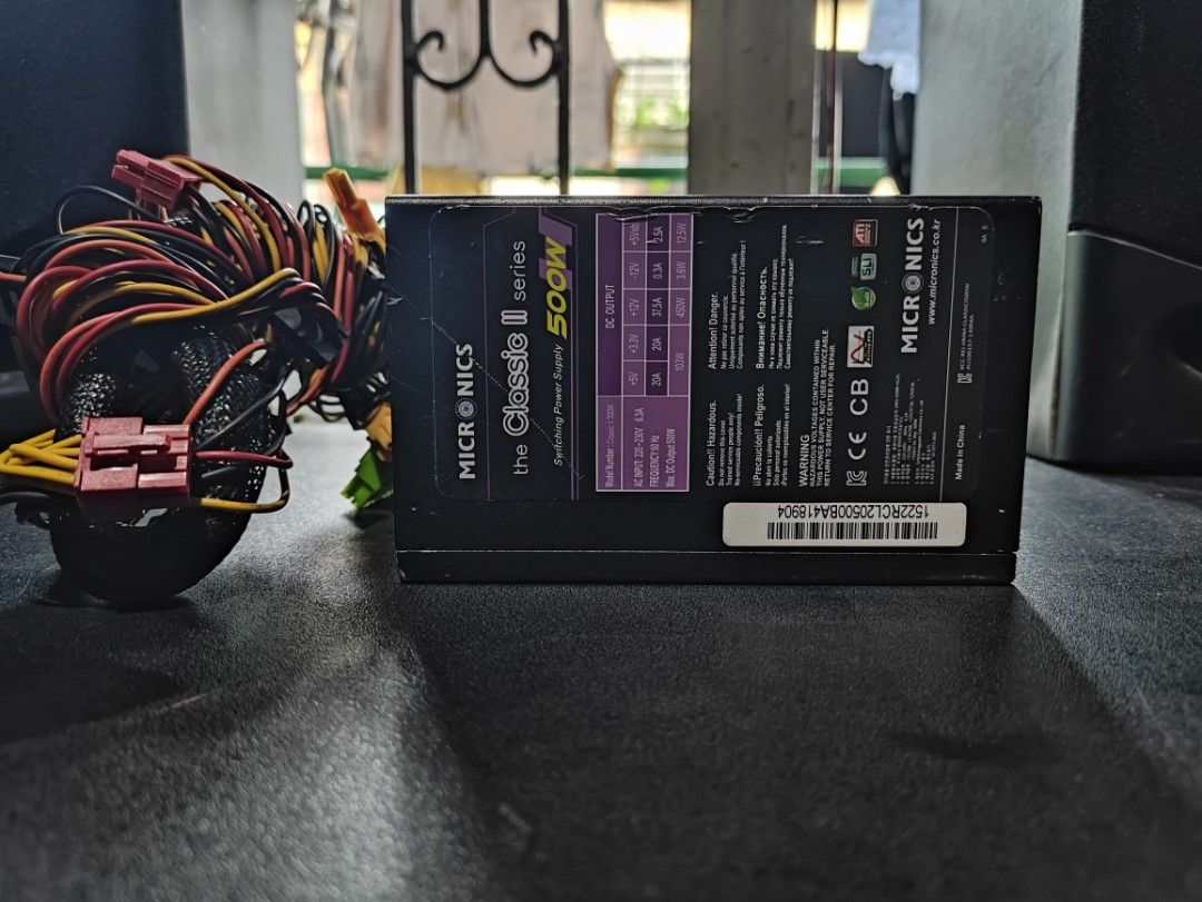 500W TRUE RATED PSU KOREAN BRAND (Category: Computer Parts) located in Taytay. Submitted by torkt (Listing ID 1469012009, Image 2). Description: Power Supply Unit for Computer Brand: Micronics Model: Classic II 500W Rated: 500W PCie: 2x 6+8PINS TESTED WITH RX 570 PRICE: 700 FIX Pick up or Lalamove cash or Gcash payment pag pick-up mo o ng rider loc: Lupang Arenda, Taytay Rizal.