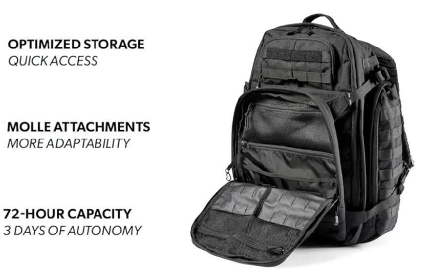 5.11 Tactical Rush 72 Backpack Black (Category: Backpacks) located in Subic. Submitted by thriftpoison (Listing ID 1468937831, Image 3). Description: - Authentic 5.11 tactical backpack in sleek black - Spacious 72-hour capacity with heavy-duty construction - Extensive MOLLE webbing for customizable attachments - Multiple zippered compartments, internal mesh pockets, and quick-access zones - Fully adjustable padded shoulder straps, sternum strap, 