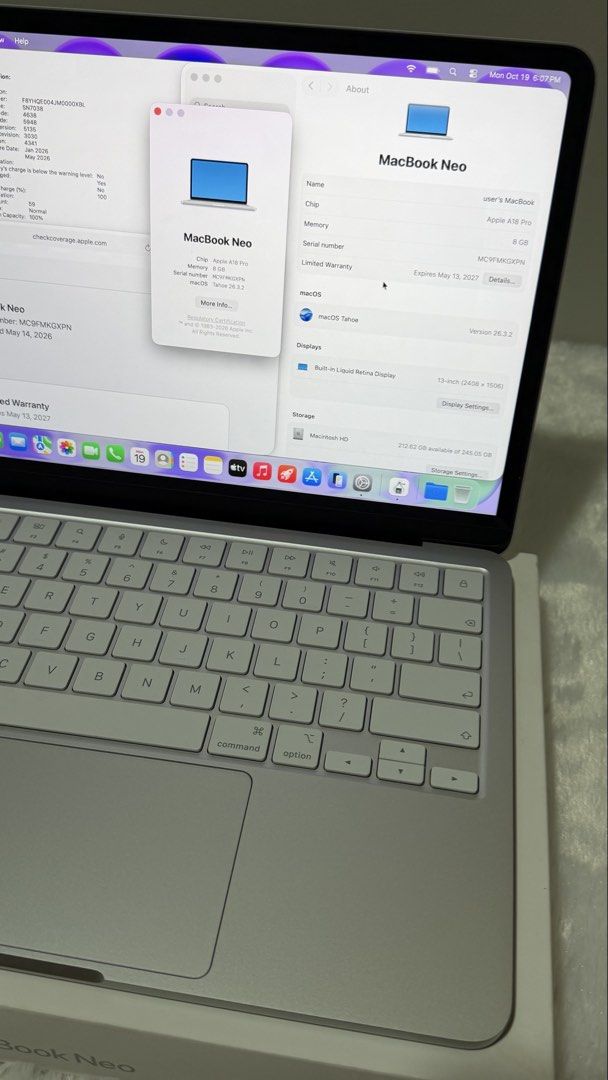 59 cycle count MacBook Neo 256GB Silver (Category: Laptops & Notebooks) located in Pasig City. Submitted by jimuelradaaa (Listing ID 1469036779, Image 3). Description: ‼️Check 2nd pic for faster reply‼️ 💻 MacBook Neo 8GB/256GB Silver – ₱36,990 • 59 cycle count | 100% battery health 🔋 • Complete box & charger • No performance issues • No repair history • Locally purchased from The Loop Pasay on May 14, 2026 • Apple warranty until May 13, 2027 ₱3