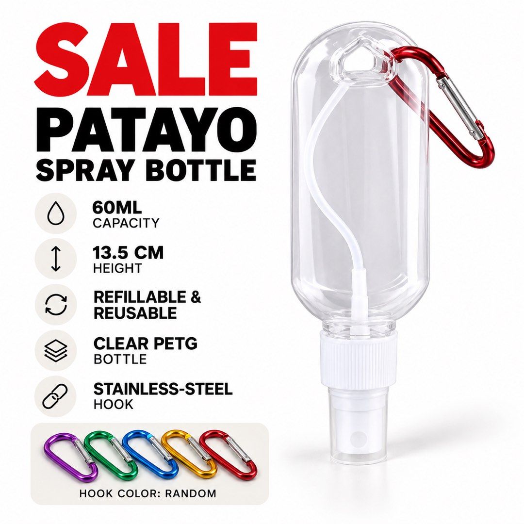 60ml Clear PETG Spray Bottle with Carabiner Hook (Category: Sanitizers & Disinfectants) located in Tagum. Submitted by Pingsoy (Listing ID 1468934205, Image 1). Description: 60ml Spray Bottle with Keychain Hook – ₱10 Each Decluttering extra stocks! ✨ Brand-new and sealed 60ml clear spray bottles with colorful keychain hooks. Lightweight, refillable, and easy to bring anywhere. 📦 Brand new and sealed 💧 60ml capacity CLEARANCE PRICES • 1 pc – ₱10