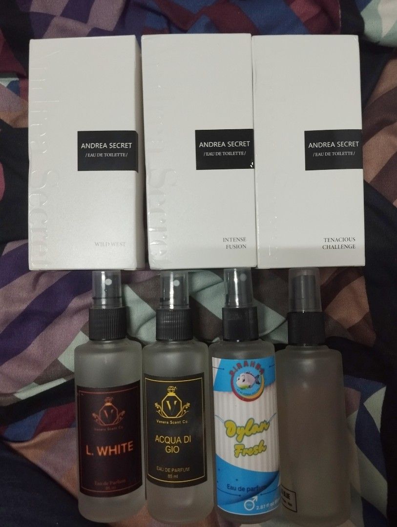 7 inspired perfume for men. (FREE SHIPPING) (Category: Fragrance & Deodorants) located in Mexico. Submitted by geraldtam726 (Listing ID 1468947700, Image 1). Description: Intense Fussion (2 spray missing) (With Box) 100ml (Blue de channel inspired) Wild West (2 spray missing) (With Box) 100ml Tenacious Challenge (2 spray missing) (With Box) 100ml (not sure saan inspired) Dylan Fresh 80ml (Versace Dylan Blue inspired) Central Fragrace 75ml (Ralph 