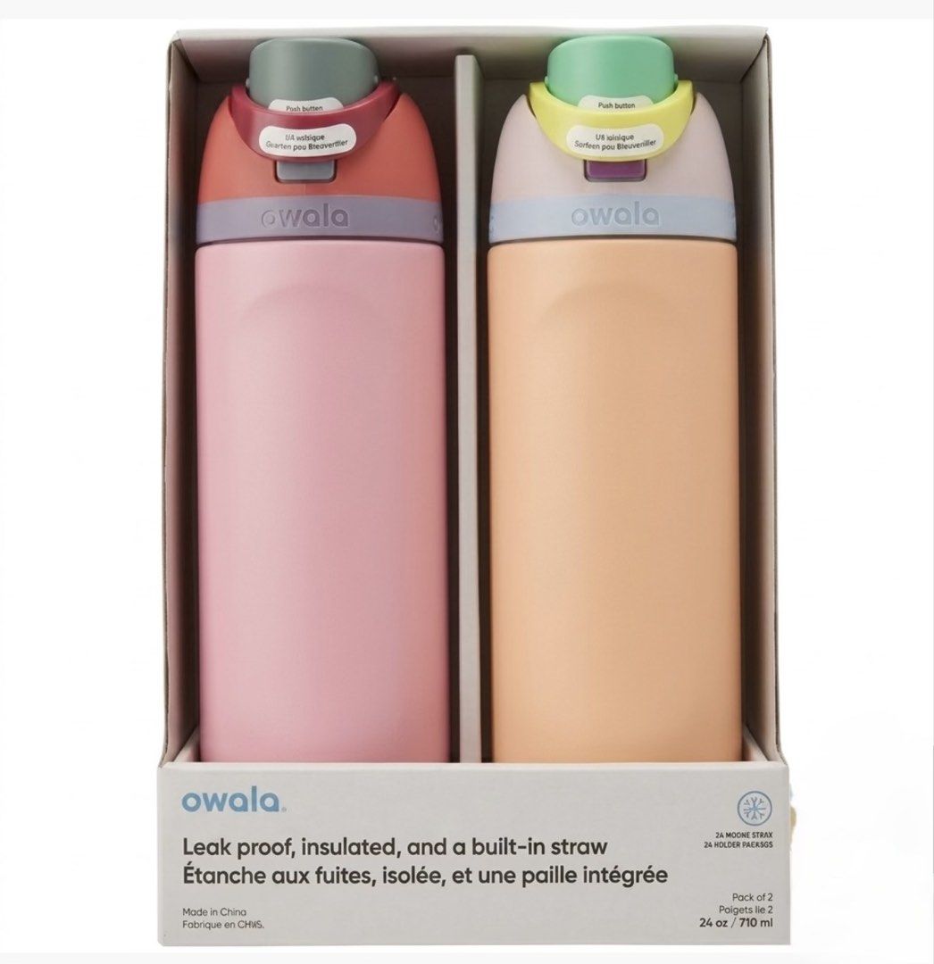 ✨ AUTHENTIC OWALA 2pc BUNDLE - FREESIP 24 OZ (710ml) | CANADA PRE-ORDER 🇨🇦 (Category: Water Bottles & Tumblers) located in Manila. Submitted by _ireielk (Listing ID 1468996426, Image 1). Description: - Authentic Owala FreeSip Insulated Water Bottle Duo (Set of 2) - Capacity: 24oz / 710ml per bottle - Colorway 1: Pink body with red and green lid details - Colorway 2: Peach body with white, green, and yellow lid details - Features the signature F