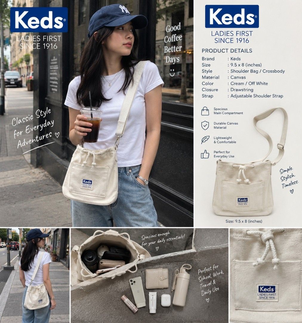 🤍✨ KEDS CANVAS SHOULDER BAG | MINIMALIST EVERYDAY ESSENTIAL ✨🤍 (Category: Tote Bags) located in Cagayan de Oro. Submitted by thrift_ko_lang1523 (Listing ID 1469160495, Image 1). Description: Simple, classy, and effortlessly stylish! 🤎 Meet this Keds Cream Canvas Shoulder Bag, perfect for anyone who loves minimalist fashion, casual streetwear, and timeless everyday accessories. 👜 PRODUCT DETAILS • Brand: Keds • Size: 9.5 x 8 inches • Color: Cr
