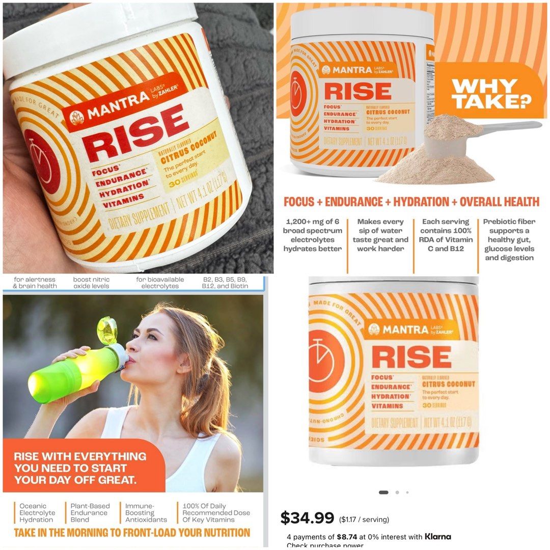 💯 Mantra Rise ELECTROLYTE Valued 1800php (Category: Beverages) located in Makati City. Submitted by mygreatfinds (Listing ID 1469089519, Image 1). Description: RISE is a hydration and energy supplement designed to kickstart your day with essential nutrients that boost both mental and physical performance.💪 Good as new. Bought for almost 2k Mantra Rise is a Citrus Coconut Flavors - 4.1 oz. (30 Servings) FOCUS* - Nootropics for alertness & brain 