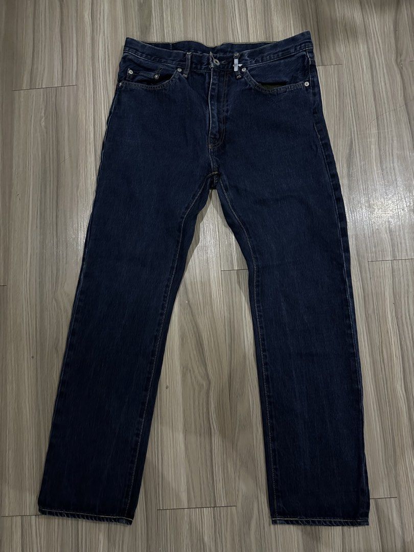A Bathing Ape Denim Jeans with Camo Pockets (Category: Jeans) located in Quezon City. Submitted by stre3tw3ar (Listing ID 1468935627, Image 2). Description: - Brand: A Bathing Ape (BAPE) - Color: Dark blue denim with signature green camo on back pockets - Material: 100% premium cotton, Made in Japan - Fit: Classic straight leg cut - Details: Leather graphic back patch and interior wash/care tags attached - Condition: Excellent, ready to wear - Mo