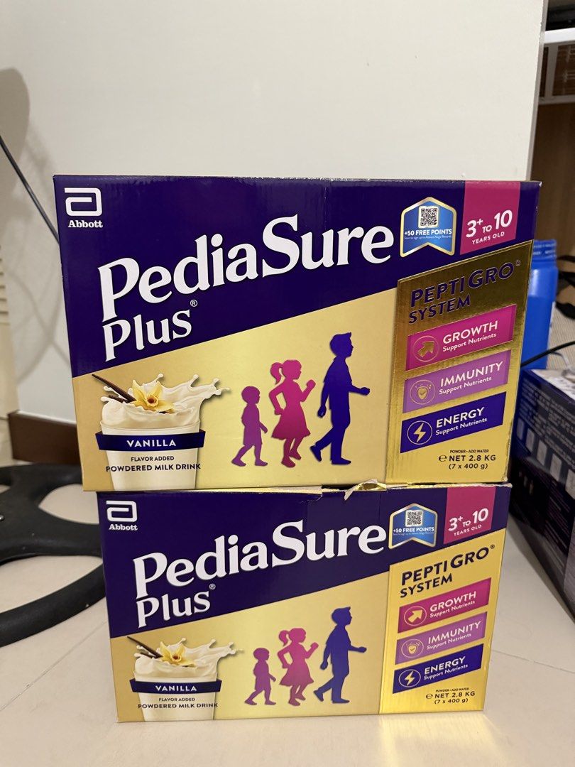 Abbott PediaSure Plus Vanilla 2.8kg (Category: Breastfeeding & Bottle Feeding) located in Daet. Submitted by angelicasarquiza (Listing ID 1469139763, Image 1). Description: - Product: Abbott PediaSure Plus Powdered Milk Drink - Flavor: Vanilla - Total Weight: 5.6kg (2 boxes, 2.8kg each) - Packaging: Each box contains 7 sealed 400g foil packs (Total of 14 packs) - Age Range: Suitable for kids 3 to 10 years old - Other box is already open but still