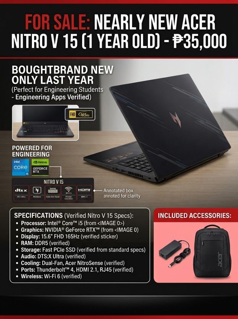 Acer Nitro V 15 Intel Core i5 RTX (Category: Laptops & Notebooks) located in Quezon City. Submitted by jaesplushroom (Listing ID 1468965220, Image 1). Description: - Processor: Intel Core i5 with NVIDIA GeForce RTX graphics - Display: 15.6-inch FHD at 165Hz refresh rate - Storage & Memory: Fast PCIe SSD and DDR5 RAM - Performance: Runs heavy engineering apps and games effortlessly - Cooling & Audio: Dual-fan cooling with Acer NitroSense and DTS:X