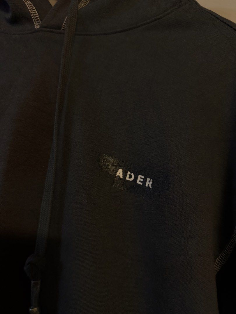 ADER error Contrast Stitching Hoodie (Category: Hoodies) located in Alaminos. Submitted by outfitcheck.ph (Listing ID 1469099974, Image 2). Description: - Brand: ADER error (2021 Spring/Summer Collection) - Color: Dark charcoal grey with contrast white stitching - Size: Oversized fit (Tag A2) - Material: Comfortable cotton fleece - Details: Small chest logo, branded drawstring hardware - Condition: Comes with original blue brand tags attached at 