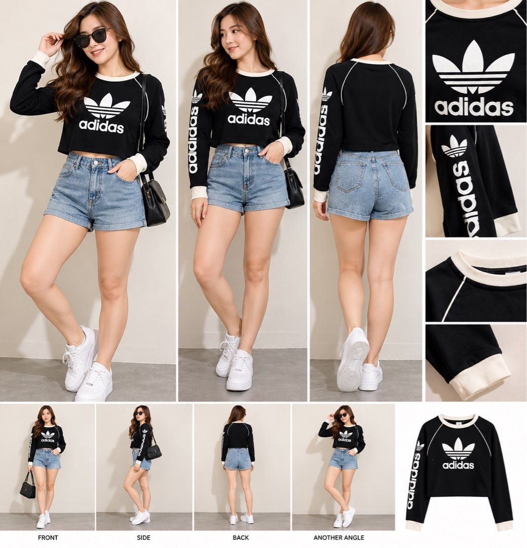 Adidas Black White Cropped Long Sleeve Pullover (Category: Coats, Jackets and Outerwear) located in Bacoor. Submitted by mary0702_714 (Listing ID 1468999133, Image 1). Description: - Authentic Adidas black and white crop top sweatshirt - Classic trefoil logo on the front chest with bold logo text down the right arm - Comfortable long sleeves with raglan seams and ribbed contrast collar and cuffs - Trendy short, boxy cut made from soft cotton blen