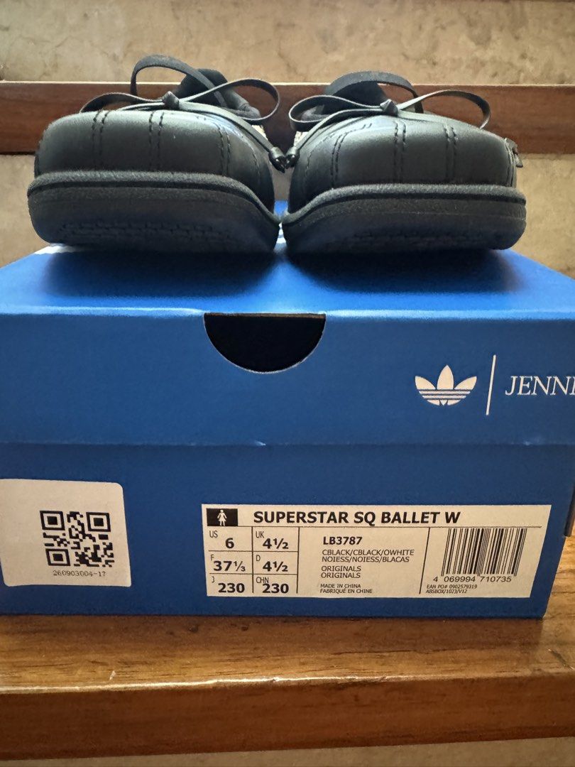 Adidas Superstar Jennie (Category: Sneakers) located in Quezon City. Submitted by AnjRawa (Listing ID 1468932462, Image 3). Description: - Brand: Adidas Superstar SQ Ballet - Color: Core Black and White - Size: US 6 / UK 4.5 / EUR 37 1/3 / JPN 230 - Condition: Brand new, never worn - Style: Slip-on design with elastic strap and cute ribbon bow on the toe cap, combining classic shell-toe and ballet flat aesthetics - Inclusions: Original box and ex