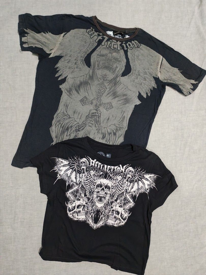 Affliction as pack mens / womens (Category: Tshirts & Polo Shirts ) located in Baguio. Submitted by used_clothing2600 (Listing ID 1469096373, Image 1). Description: Selling as pack Affliction mens size large made in USA Good condition minimal signs of usage W-22 x L-28 Affliction womens size XL excellent condition W-17.5 x L-20 P 2,000.