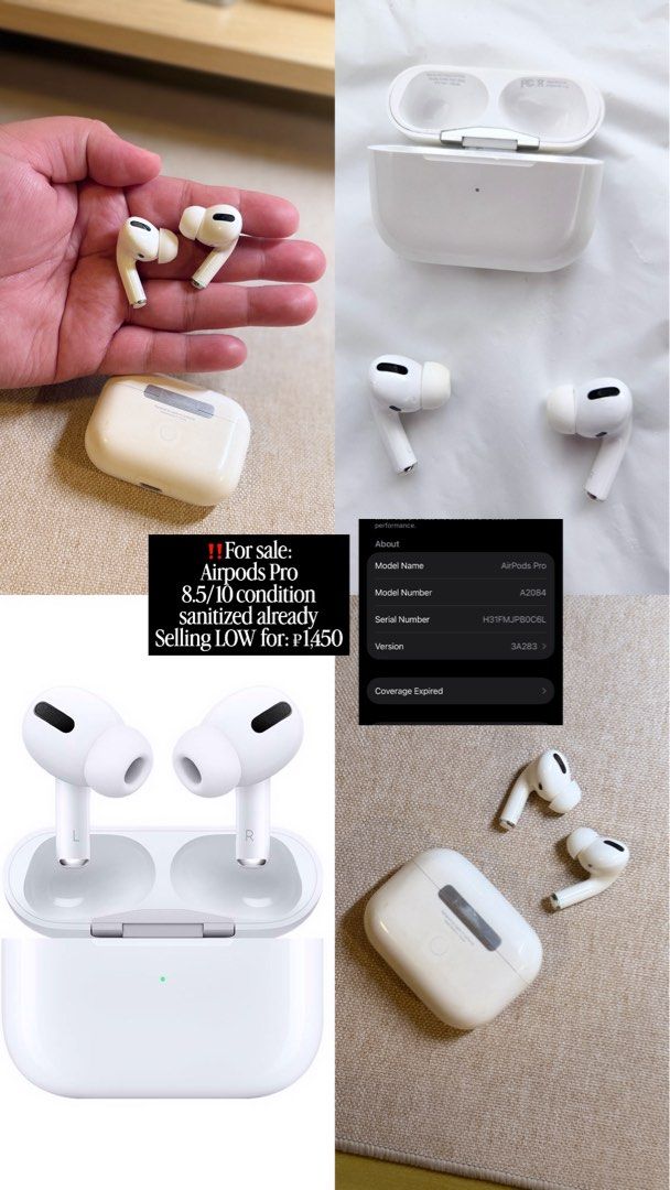 Airpods Pro (Category: Headphones & Headsets) located in Real. Submitted by goodstealph (Listing ID 1468953742, Image 1). Description: - Authentic AirPods Pro with charging case and earbuds - Fully sanitized and ready to use - 100% working condition with normal exterior signs of use - Model Number: A2084 - Serial Number: H31FMJPB0C6L (verified in settings) - Apple warranty coverage has expired.