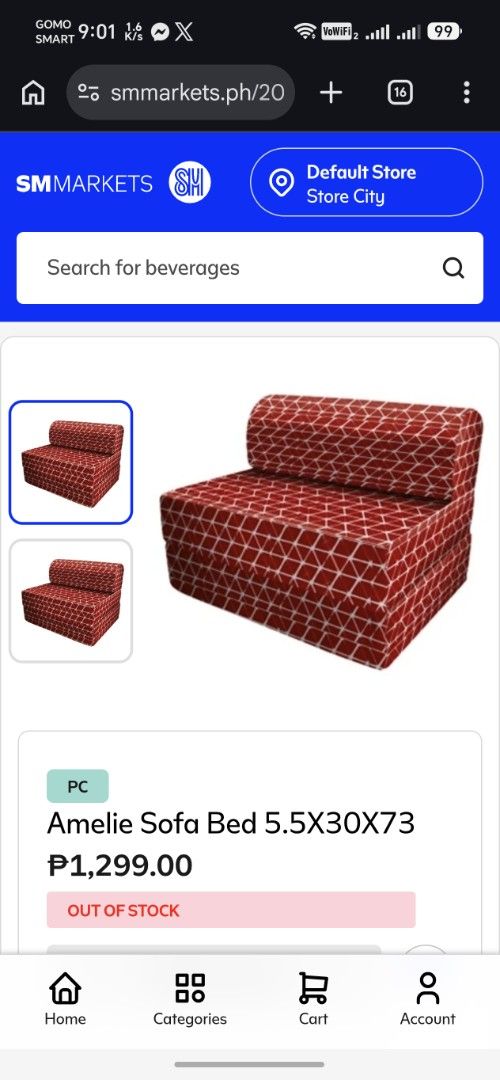 Amelie Sofa Bed 5.5x30x73 Blue Triangle Pattern (Category: Sofas) located in Mandaluyong City. Submitted by trisha_001 (Listing ID 1468976970, Image 3). Description: - Amelie Folding Sofa Bed (Blue with white triangle geometric pattern) - Dimensions: 5.5" x 30" x 73" - Versatile 2-in-1 design: Easily converts from a chair to a flat sleeping mat - Comfortable foam cushion core with a convenient removable printed cover - Ideal space saver for small