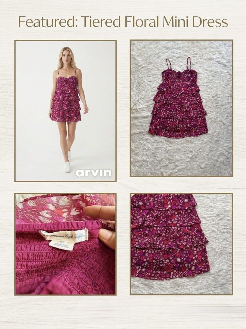 American Eagle Tiered Floral Mini Dress (Category: Dresses) located in Cebu City. Submitted by hazelcris (Listing ID 1468944411, Image 1). Description: - Brand: American Eagle - Size: XS - Style: Y2K pink floral mini dress - Design: Spaghetti straps, sweetheart neckline, smocked back, 3-tiered ruffles - Material: Lightweight fabric - Condition: Excellent.