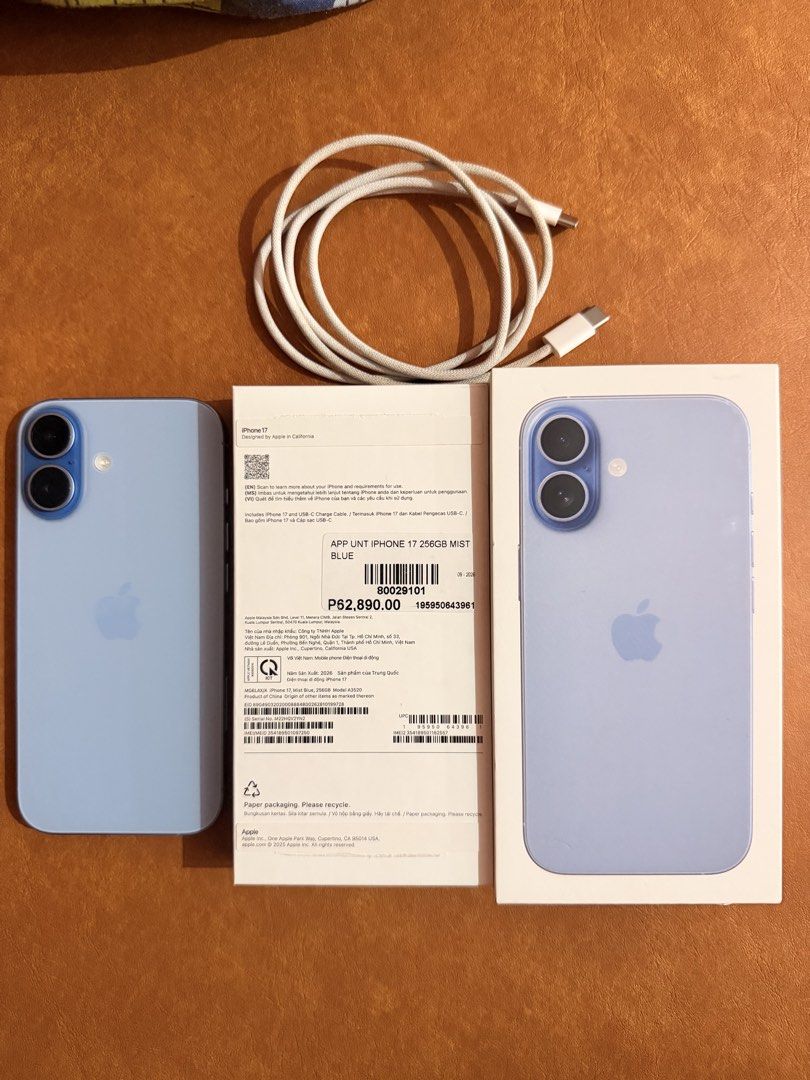 Apple iPhone 17 Mist Blue 256GB- 15 cycle count only (Category: iPhone 17 Series) located in Cavite. Submitted by shopgeeks (Listing ID 1469091602, Image 2). Description: - Model: Apple iPhone 17 - Storage: 256GB - Color: Mist Blue - Battery Health: 100% (Only 15 cycle counts) -Activated last September lang - Condition: Flawless, zero scratches or dents - Inclusions: Original box and USB-C charge cable SLIGHTLY NEGO! PASS SA LOWBALLER ‼️ Meet up/