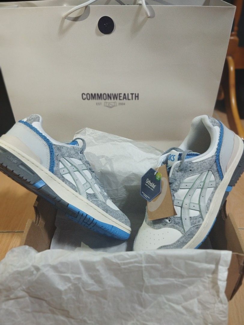 ASICS EX89 Grey Blue Wool Felt Sneakers (Category: Sneakers) located in Bacoor. Submitted by fastdeer-2d2a (Listing ID 1469099054, Image 2). Description: - Brand: ASICS EX89 - Colorway: White leather base with grey wool felt overlays and blue accents - Comfort: OrthoLite insoles for all-day wear - Condition: Brand new, fresh pair with tags attached - Inclusions: Original box and Commonwealth paper bag included - Perfect for daily rotations.