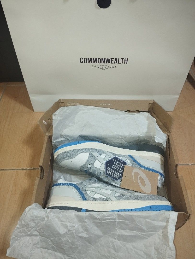 ASICS EX89 Grey Blue Wool Felt Sneakers (Category: Sneakers) located in Bacoor. Submitted by fastdeer-2d2a (Listing ID 1469099054, Image 3). Description: - Brand: ASICS EX89 - Colorway: White leather base with grey wool felt overlays and blue accents - Comfort: OrthoLite insoles for all-day wear - Condition: Brand new, fresh pair with tags attached - Inclusions: Original box and Commonwealth paper bag included - Perfect for daily rotations.