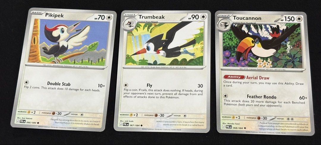 Assorted characters Uncommon (Category: Raw Singles) located in Quezon City. Submitted by gamespot (Listing ID 1469118004, Image 1). Description: • 30 Each •MOP: Gcash/GoTyme/Maya •MOD: Lalamove/Grab (Buyer’s Expense) - Complete Pikipek evolutionary line (Pikipek #066, Trumbeak #067, Toucannon #068) - All cards from the same expansion set - Standard English Pokémon TCG cards - Perfect way to grab the whole set at once - Stored safely with clean e