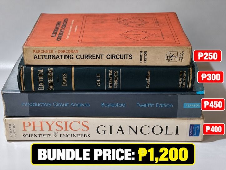 Assorted Engineering Book Set C (Category: Textbooks) located in Manila. Submitted by hector_does_go_rug (Listing ID 1468960328, Image 1). Description: 📚 Assorted Engineering Book Set C A set of engineering and physics textbooks, ideal for students, engineering enthusiasts, or anyone interested in circuit analysis and physics. Alternating Current Circuits, Fourth Edition — R. M. Kerchner and G. F. Corcoran — ₱250 A Course in Electrical Engineeri