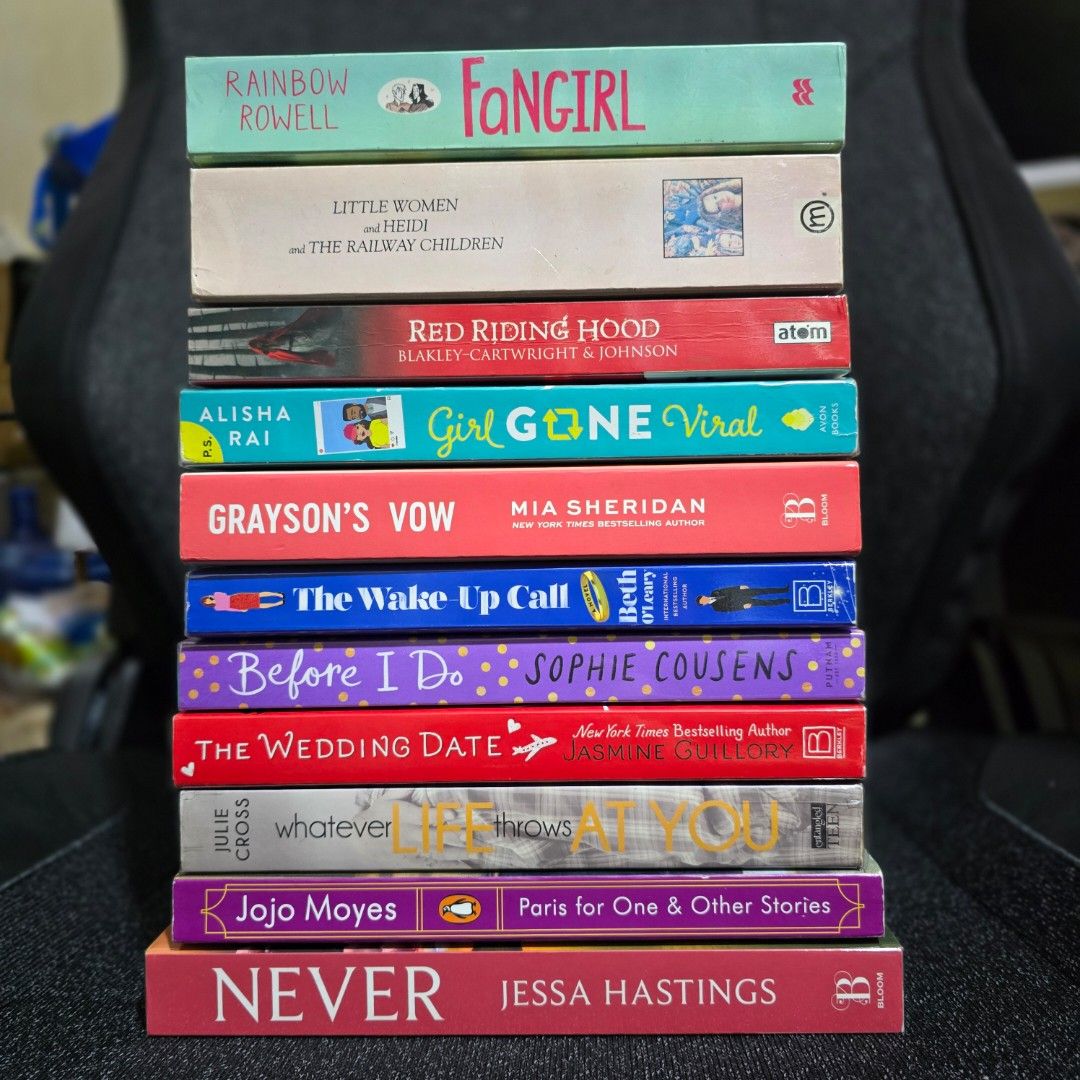 Assorted Romance Bundle (Category: Storybooks) located in Manila. Submitted by kanz.reads (Listing ID 1468954765, Image 1). Description: - Set of 11 paperback books sold as a complete bundle - Features popular titles: Fangirl, Girl Gone Viral, Grayson's Vow, The Wake-Up Call, Before I Do, The Wedding Date, Paris for One & Other Stories, Never, and more - Written by acclaimed authors including Rainbow Rowell, Alisha Rai, Mia Sheridan, Beth O'Leary