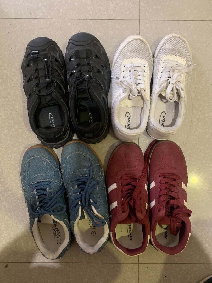 Assorted Sneakers Bundle (Take all 4) (Category: Sneakers) located in Cebu City. Submitted by book_bird (Listing ID 1468959767, Image 1). Description: - Bundle of 4 diverse pairs of sneakers and sandals - Includes: black sporty sandals, white mesh lace-ups, blue denim sneakers, and maroon retro shoes with white stripes - Great variety to match different casual outfits - Condition: Normal signs of wear from previous use - Ideal for updating your d