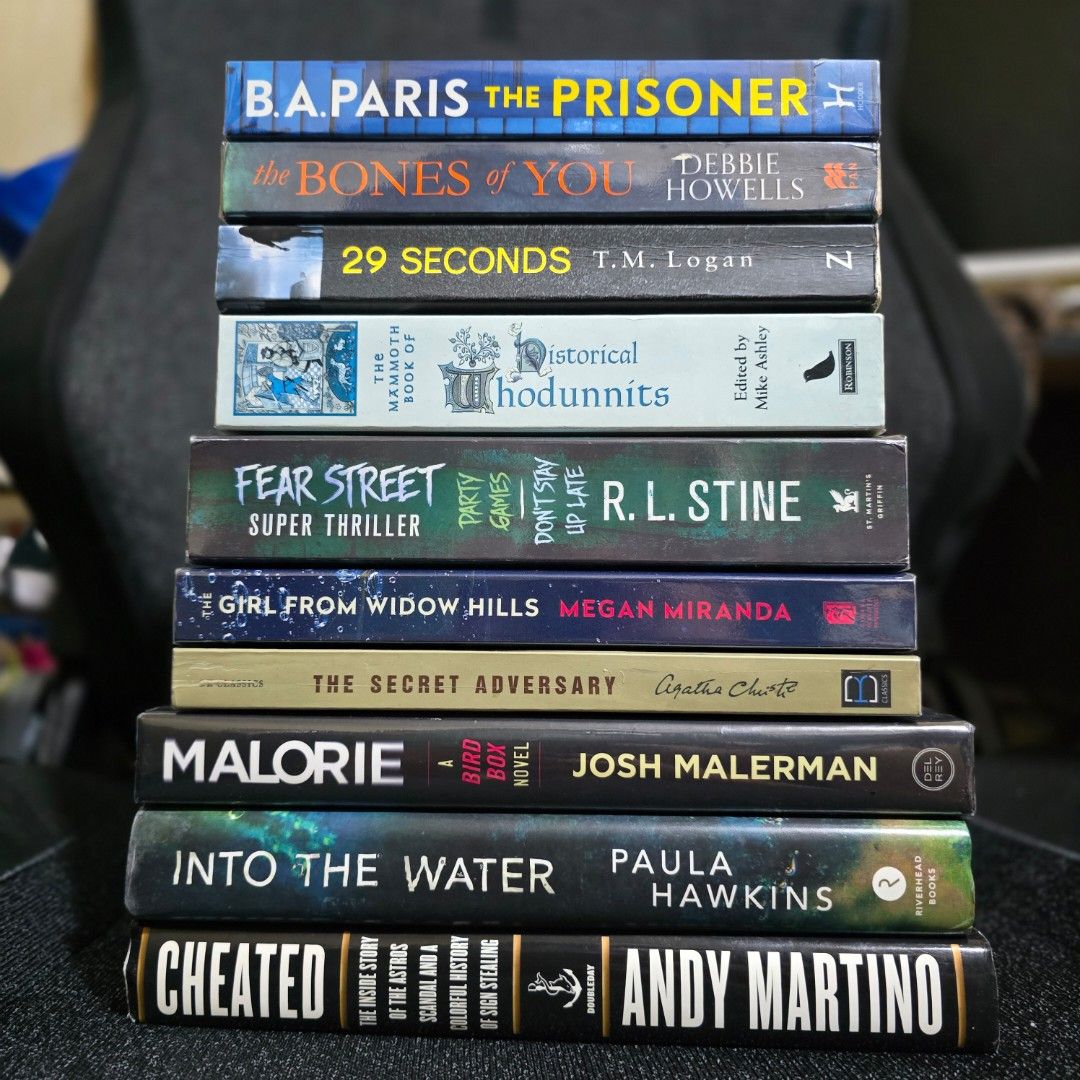 Assorted Thriller Books Bundle (Category: Storybooks) located in Manila. Submitted by kanz.reads (Listing ID 1468954968, Image 1). Description: - Set of 10 thriller and fiction paperbacks - Authors include B.A. Paris, Debbie Howells, T.M. Logan, R.L. Stine, Megan Miranda, Agatha Christie, Josh Malerman, Paula Hawkins, and Andy Martino - Genres range from mystery and suspense to true crime - Each book is individually wrapped in protective plastic 
