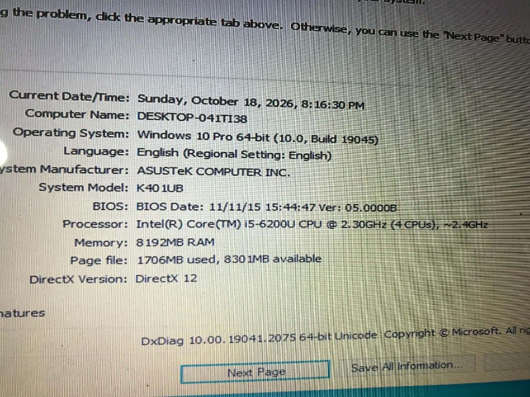 ASUS K401UB Intel Core i5-6200U Laptop (Category: Laptops & Notebooks) located in Manila. Submitted by quickcloud-8e4a6b (Listing ID 1469001588, Image 2). Description: - Model: ASUS K401UB - OS: Windows 10 Pro 64-bit - Processor: Intel Core i5-6200U @ 2.30GHz - Memory: 8GB RAM - Graphics: NVIDIA GeForce 940M - Condition: usable issue keyboard and battery, letter T on kebord not working baka need lng ng linis. loc tondo.