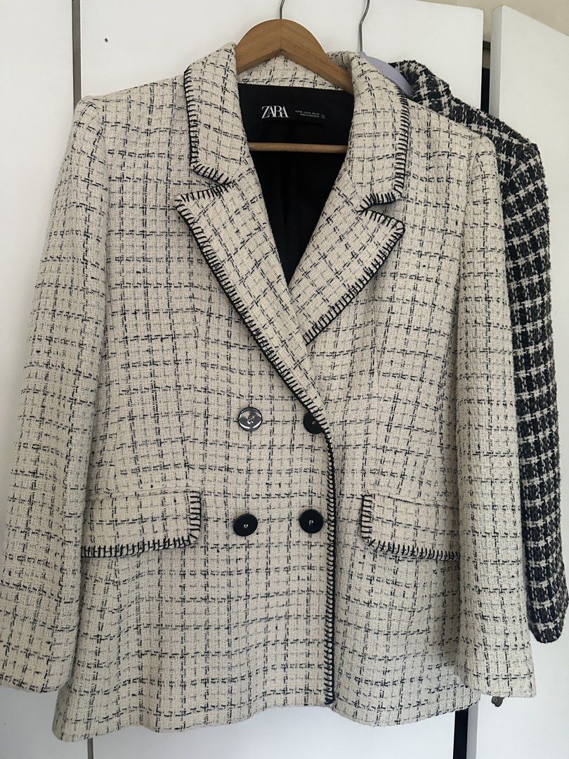 Auth Zara Tweed Blazer (Category: Coats, Jackets and Outerwear) located in Mandaluyong City. Submitted by hdvvv (Listing ID 1468939760, Image 2). Description: Zara Ecru/Black Textured Double-Breasted Blazer with Topstitching (also known as the Zara Textured Double Breasted Blazer) Size xl Almost new Rfs too many clothes.