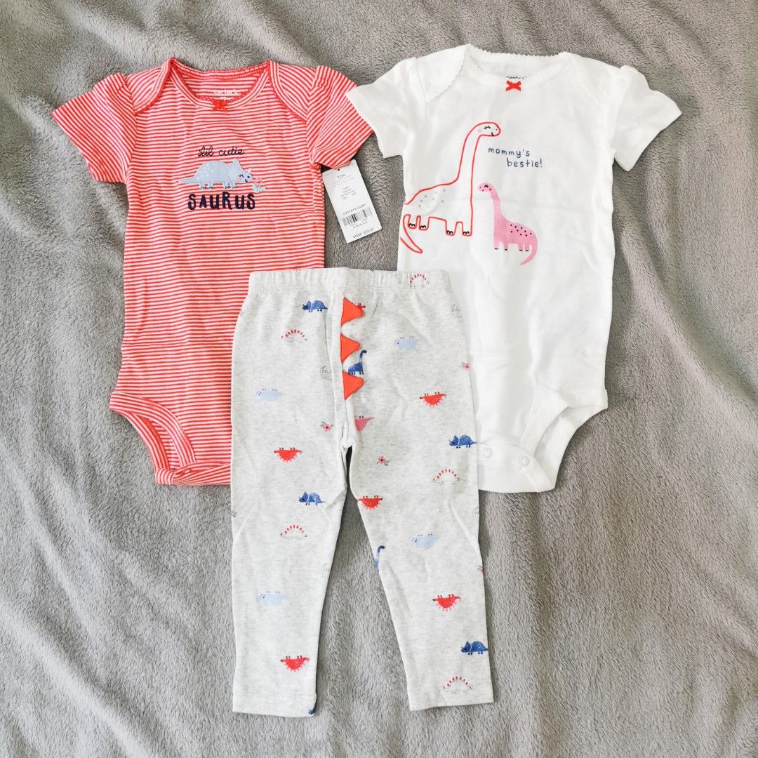 Authentic Carter's 3-Piece Dinosaur Set Girls (Category: Babies & Kids Fashion) located in Pasig City. Submitted by charleneperez (Listing ID 1468943022, Image 1). Description: Brand New, Authentic and with Tag. Bought directly from Carter's USA. Available Sizes: 6M, 12M 3-piece - 2 short sleeves bodysuit - 1 leggings Strong snaps keep up with wear, wash, repeat Machine washable 100& Cotton Rib.