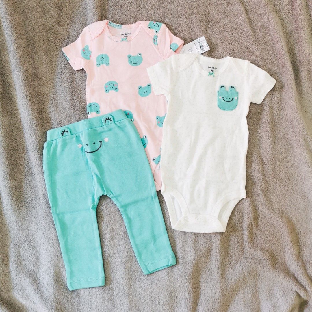 Authentic Carter's 3-Piece Frog bodysuit Set 9M (Category: Babies & Kids Fashion) located in Pasig City. Submitted by charleneperez (Listing ID 1468942140, Image 1). Description: Brand New, Authentic and with Tag. Bought directly from Carter's USA. 3-piece - 2 short sleeves bodysuit - 1 leggings Overlap shoulders for easy over the head Strong snaps keep up with wear, wash, repeat Machine washable 100% cotton rib Machine washable.