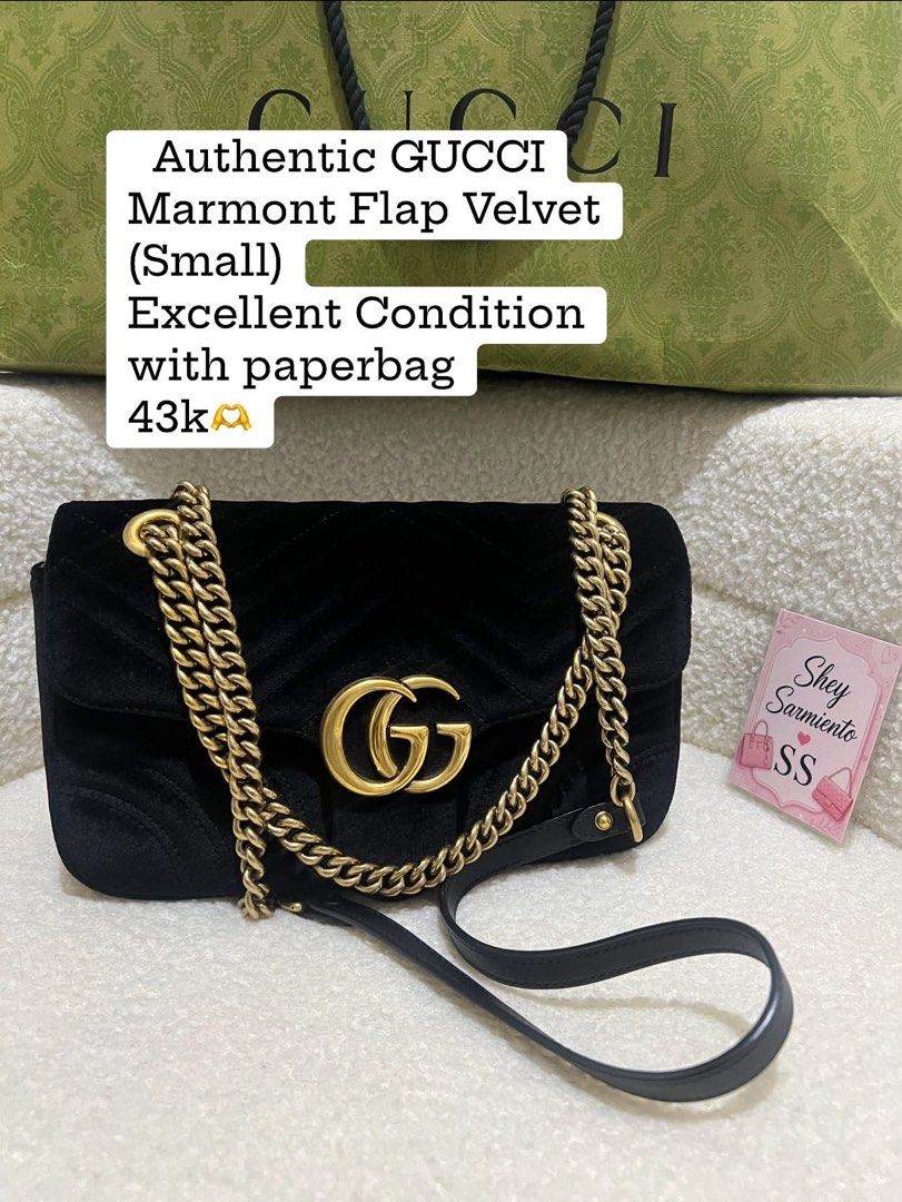 Authentic GUCCI Marmont Flap Velvet Small (Category: Luxury Bags & Wallets) located in Pasig City. Submitted by sheyfabph (Listing ID 1468948566, Image 1). Description: Authentic Gucci GG Marmont Small Shoulder Excellent Condition 43k.
