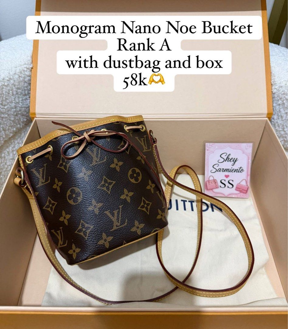 Authentic Louis Vuitton Monogram Nano Noe Bucket Bag (Category: Luxury Bags & Wallets) located in Pasig City. Submitted by sheyfabph (Listing ID 1469010359, Image 1). Description: Authentic Louis Vuitton Nano Noe bucket bag Rank a With dustbag and box 58k.