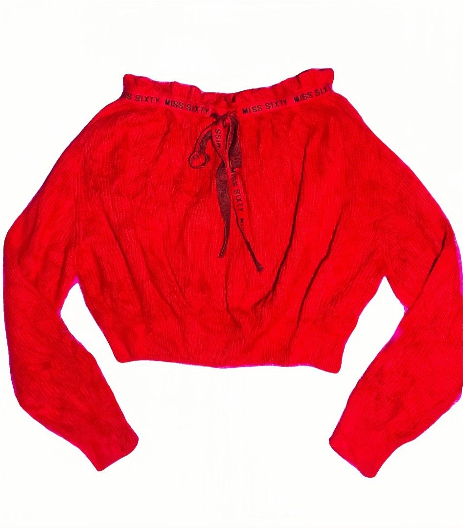 Authentic MISS SIXTY red knit off-shoulder (Category: Coats, Jackets and Outerwear) located in Cabuyao City. Submitted by ynasclowset (Listing ID 1469095104, Image 1). Description: Miss Sixty knit off-shoulder cropped sweater with long sleeves and branded tie-string details. message me for more details..