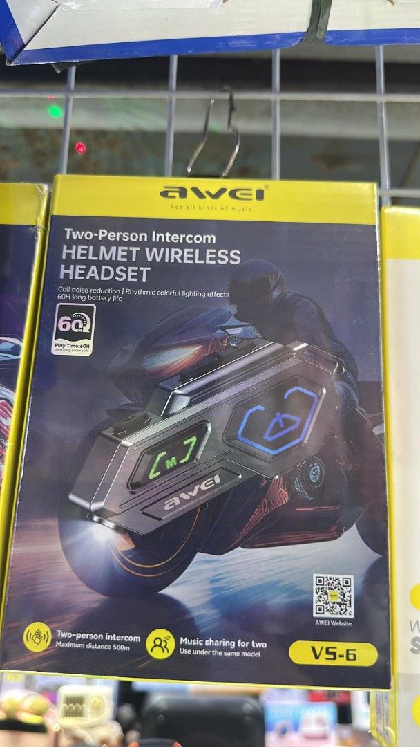 Awei V5-6 Two-Person Intercom Helmet Wireless Headset (Category: Headphones & Headsets) located in Manila. Submitted by ericklee23 (Listing ID 1469052149, Image 1). Description: - Brand new Awei V5-6 helmet intercom headset - 2-person intercom range of up to 500 meters - Supports music sharing between two riders - Built-in call noise reduction for crystal clear comms - Cool rhythmic colorful lighting effects - Massive 60 hours of playback on a si