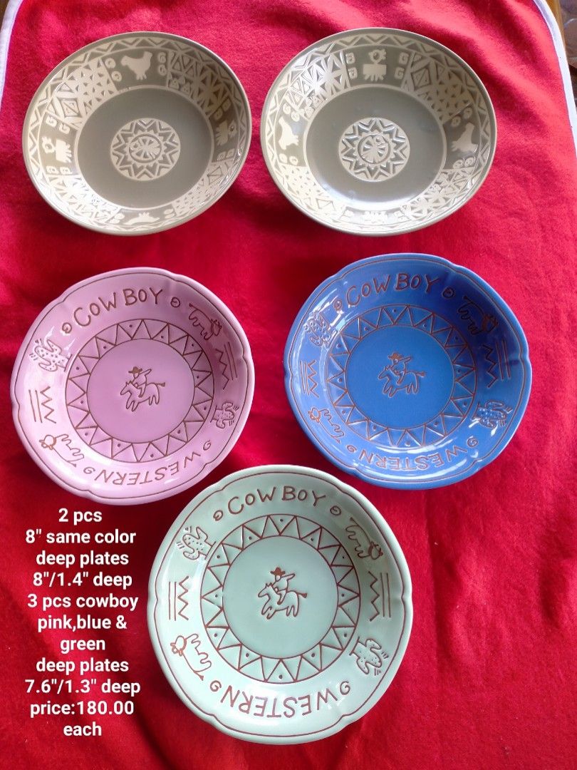 Aztec and Cowboy design 180 each (Category: Dinnerware & Cutlery) located in Manila. Submitted by margeventa (Listing ID 1468983969, Image 1). Description: - Set of 5 stoneware pieces: 3 colorful plates with cowboy graphics and scalloped edges (blue, light green, pink) plus 2 grey patterned bowls - Distinct western and aztec patterns add a unique rustic charm - Versatile use: great for daily dining or as home display decor - Perfect housewarming 
