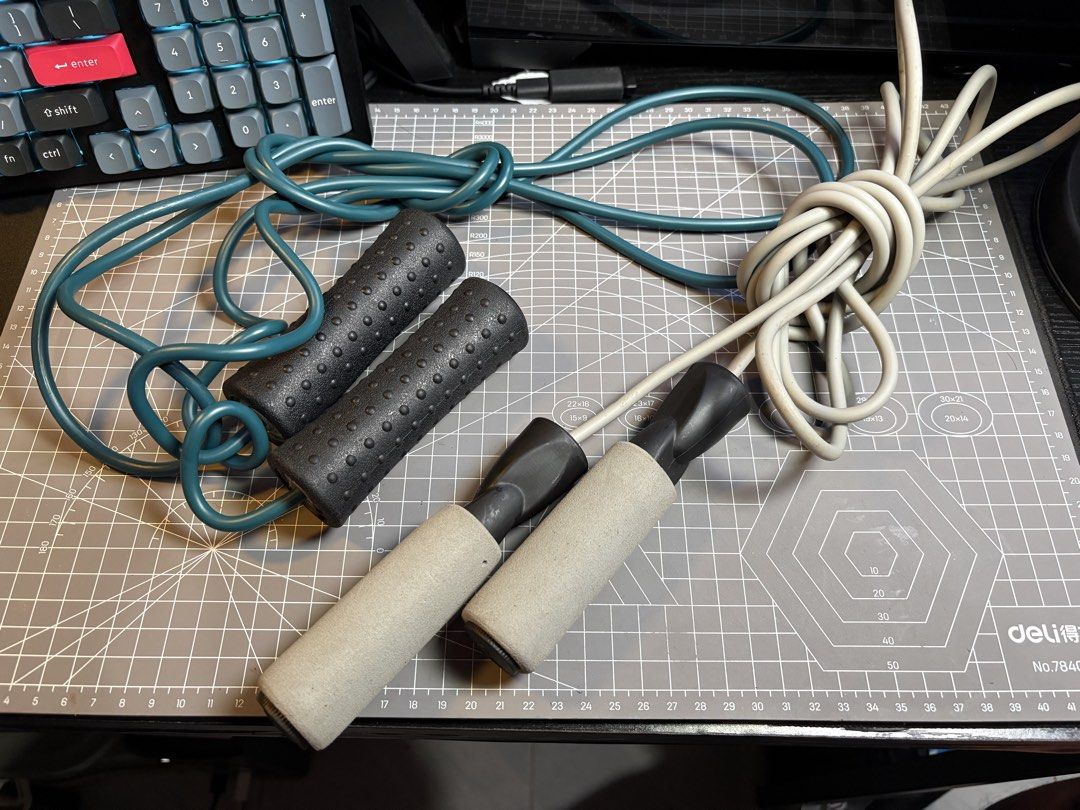 B1T1 Jump Rope (Miniso 2800mm) (Category: Cardio & Fitness Machines) located in Manila. Submitted by rcbln (Listing ID 1469156636, Image 1). Description: - 2-in-1 jump rope bundle for home workouts and cardio - Rope 1 features comfortable grey foam grips - Rope 2 features secure black textured plastic handles - Durable teal and white cables included - Perfect for fitness enthusiasts of all levels.
