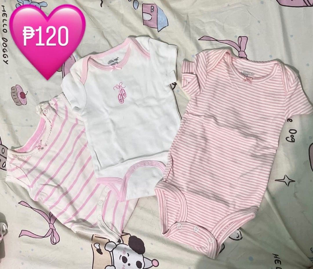 Baby Onesies Bundle (Category: Babies & Kids Fashion) located in Cavite. Submitted by impulsebuysbykhi (Listing ID 1469095770, Image 1). Description: Oshkosh pink striped onesie - 0-3 mos. Little Lass Ballerina Onesie - 0-3 mos. Simple Joys Striped Onesie - 3-4 mos..