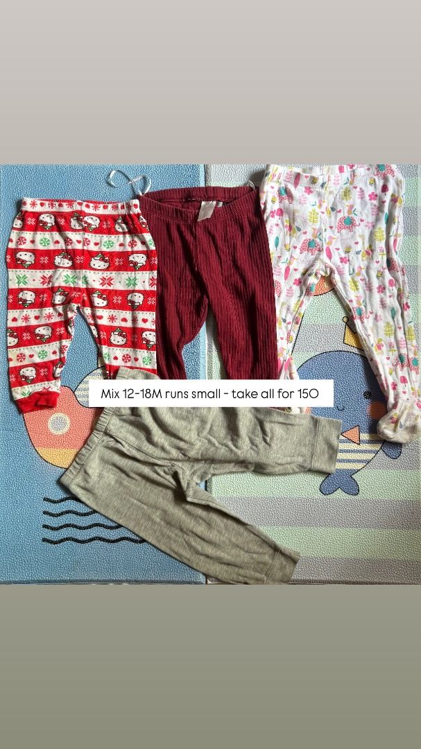 Baby Pants Bundle Mix 12-18M (Category: Babies & Kids Fashion) located in Caloocan City. Submitted by cess.sayas (Listing ID 1468938178, Image 1). Description: - Bundle of 4 pairs of baby pants for only 150 PHP (take all) - Includes: Kitty Christmas print, solid maroon, white floral with feet, and plain grey - Sizes: Mix of 12-18M (runs small) - Soft and comfortable for everyday wear - Limited stock, grab them fast!.
