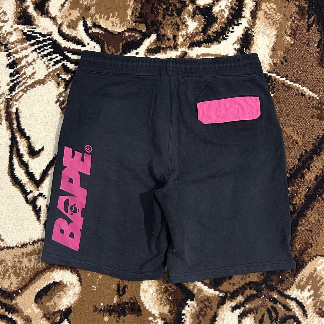 Bape Pink Script Logo Shorts (M) (Category: Shorts) located in Manila. Submitted by live.love.garments (Listing ID 1469156807, Image 1). Description: size medium 32W authentic 8.5/10 color rate shipped via jnt.