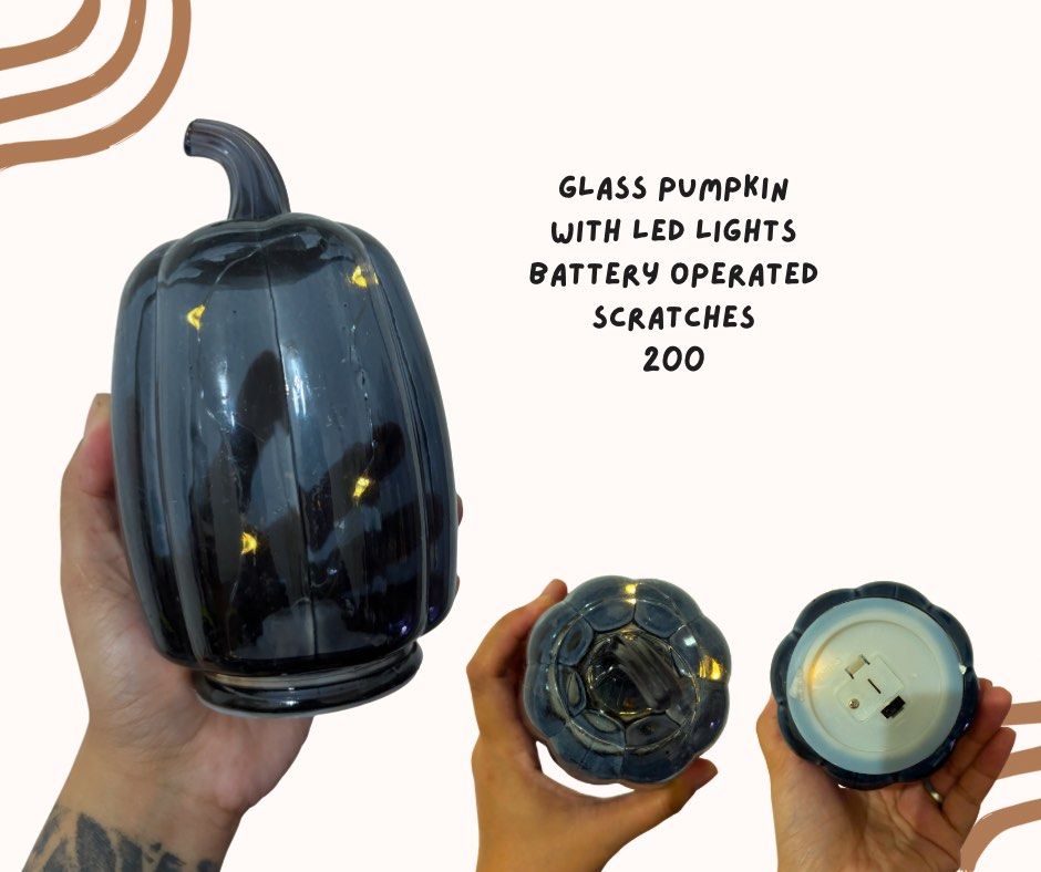 Battery Operated Glass Pumpkin Lamp (Category: Lighting) located in Pasig City. Submitted by homeyvibesph (Listing ID 1469018358, Image 1). Description: Glass scratches.