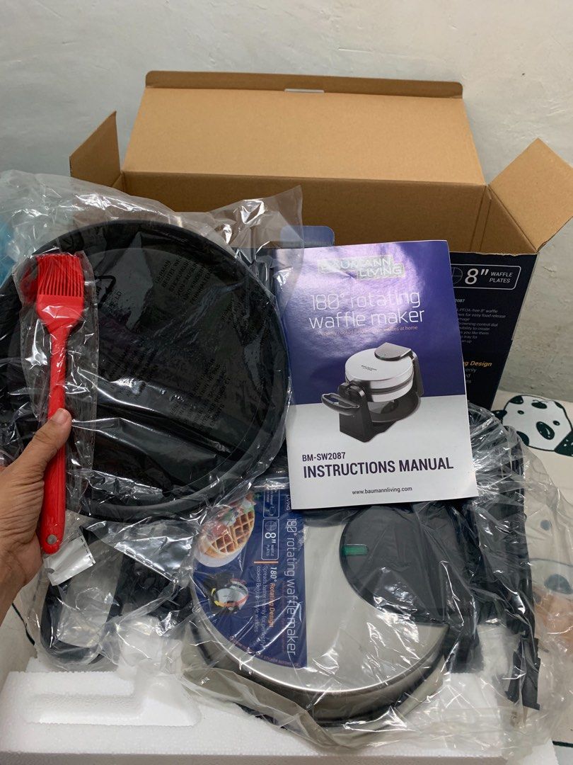 Baumann Living 180° Rotating Waffle Maker BM-SW2087 (Category: Cookware & Accessories) located in Taguig. Submitted by jeffreydelara1999 (Listing ID 1469073457, Image 1). Description: - Brand: Baumann Living - Model: BM-SW2087 (180° Rotating Waffle Maker) - Condition: Brand new, unused, still in original plastic wrappers and styrofoam - Plate Size: 8-inch non-stick, PFOA-free coating for easy release and cleanup - Features: Adjustable browning co