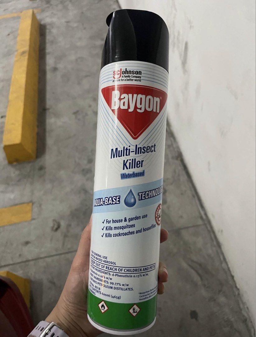 Baygon Multi-Insect Killer Waterbased Aerosol 600ml (Category: Pest Control) located in Makati City. Submitted by sapphire27_ (Listing ID 1469032475, Image 1). Description: - Product: Baygon Multi-Insect Killer Spray - Size: 600ml - Formula: Water-based with aqua-base technology - Targets: Mosquitoes, cockroaches, and houseflies - Safety: Safe for general house and garden use - Packaging: Pressurized aerosol can with black cap.