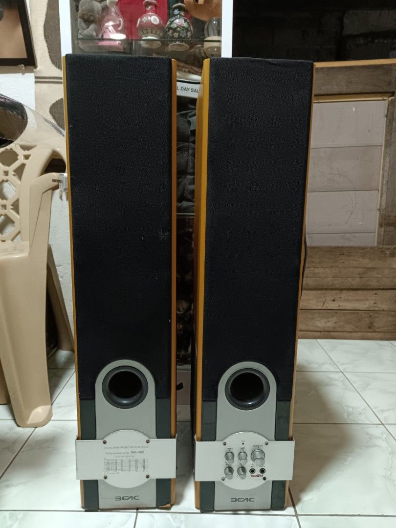 BEAC BAS-4095 Active Tower Speaker System (Category: Soundbars, Speakers & Amplifiers) located in Manila. Submitted by caaths_collection (Listing ID 1469115258, Image 2). Description: - Brand/Model: BEAC BAS-4095 Active Tower Speaker System - Design: Stylish light brown wooden cabinet finish - Sound Control: Built-in amplifier with front panel volume, bass, and treble adjustments - Connectivity: Standard power plug attached, with audio inputs and