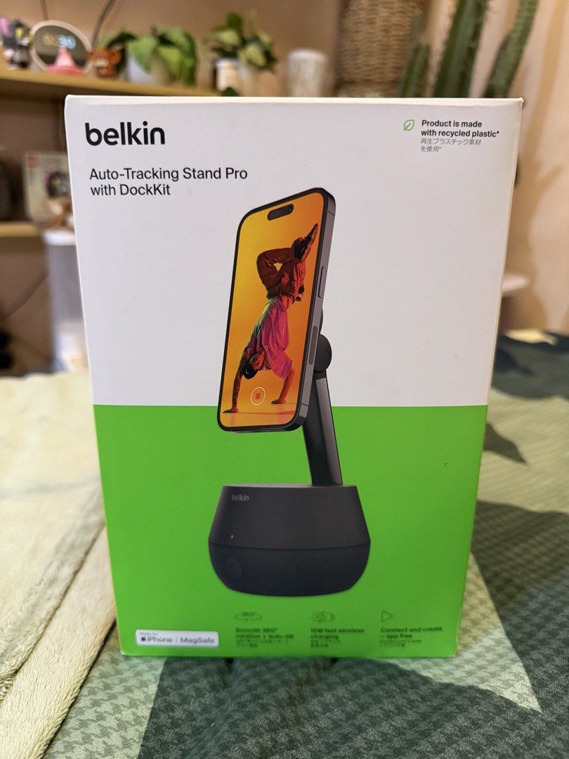 Belkin Auto Tracking Stand Pro (Category: Mounts & Holders) located in Quezon City. Submitted by law.1789 (Listing ID 1469101444, Image 2). Description: SRP - 9900 Sale Price - 3490 - Brand: Belkin - Model: Auto-Tracking Stand Pro with DockKit - Color: Black - Condition: Brand new in box - Smooth 360° rotation and auto-tracking - Compatible with MagSafe and iPhone - 15W fast wireless charging capability - Eco-friendly design made with recycled pl