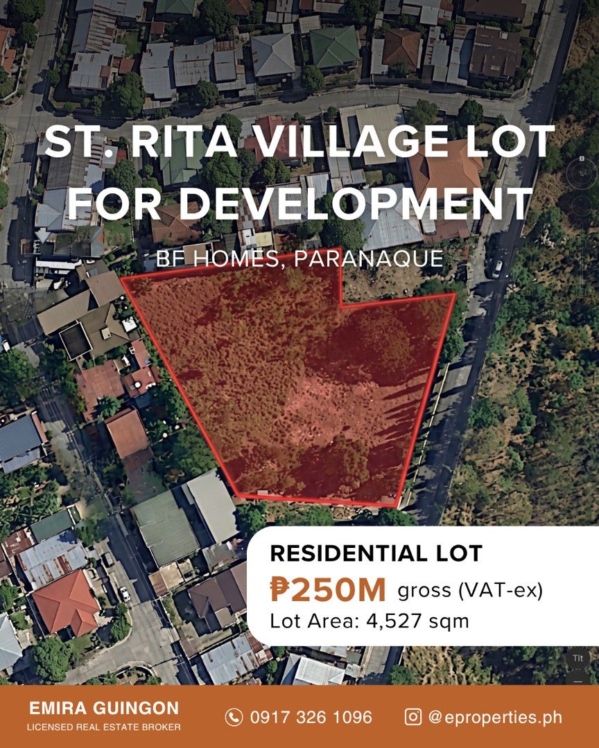 BF Homes Residential Lot for Development (Category: Lot) located in Pasig City. Submitted by propertiesbyemira (Listing ID 1469004628, Image 1). Description: RESIDENTIAL LOT FOR DEVELOPMENT FOR SALE 📍St. Rita Village, BF Homes, Parañaque • Lot Area: 4,527 sqm • Corp owned • Mortgaged Price: ₱250M gross (VAT-ex) For more details, please contact: Emira Guingon 📞 09173261096 📧 emira@wealthproperties.ph.