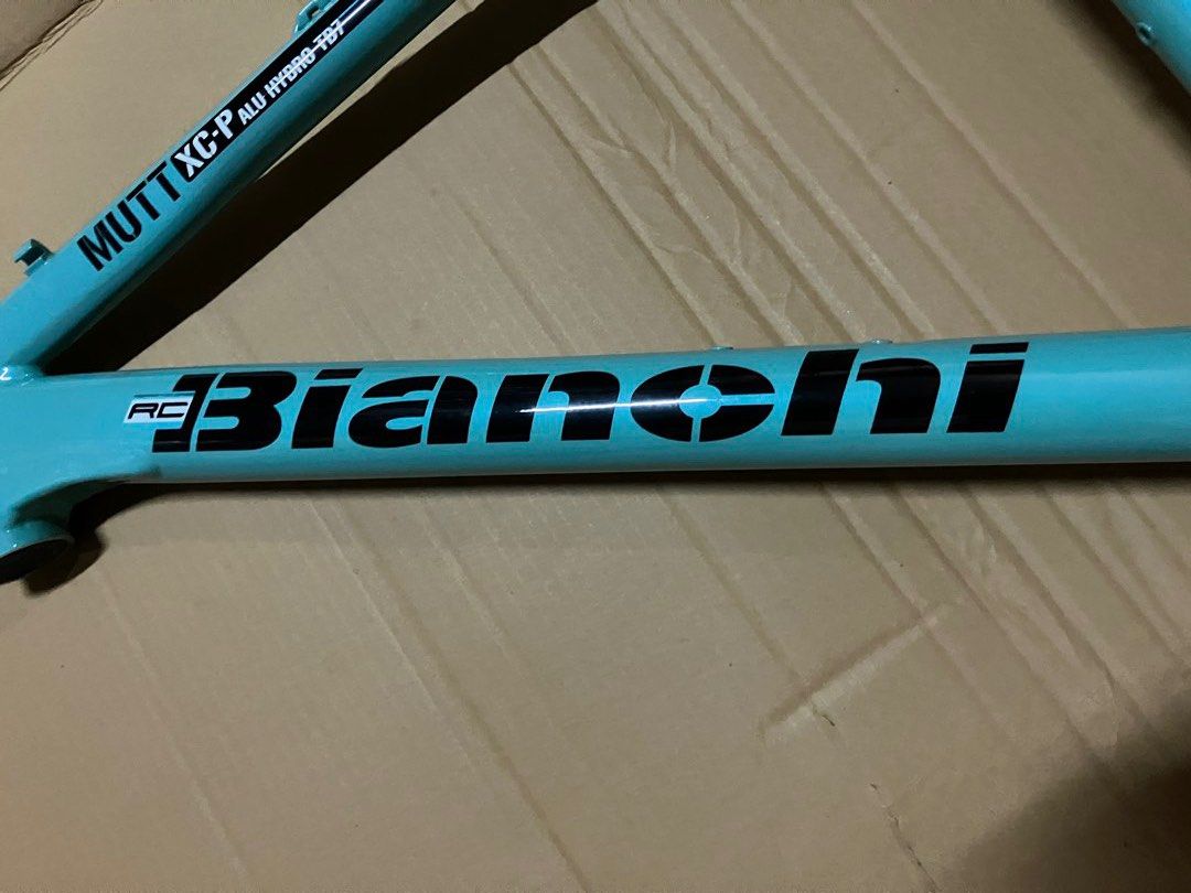 Bianchi 26” mtb frame (Category: Bicycles) located in Mandaluyong City. Submitted by arkay1 (Listing ID 1469138237, Image 2). Description: 26” Bianchi mtb frame Model name is Mutt Size 18” seat tube 7000 series alloy frame V-brake and disc brake mounts Quick release drop outs Celeste green color A few minor paint chips and dents. Doesn’t affect safety of the frame .