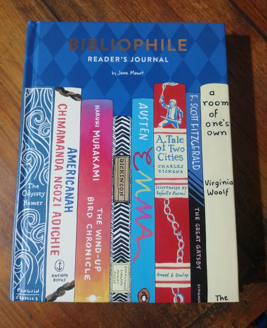 Bibliophile Reader's Journal by Jane Mount (Category: Storybooks) located in Baguio. Submitted by klutter.curio (Listing ID 1468953417, Image 2). Description: - Item: Bibliophile Reader's Journal by Jane Mount - Design: Beautiful blue patterned cover with colorful book illustrations - Features: Unused pages for tracking books read, plot notes, character thoughts, favorite quotes, and illustrated reading lists - Condition: Brand new / Unused insid