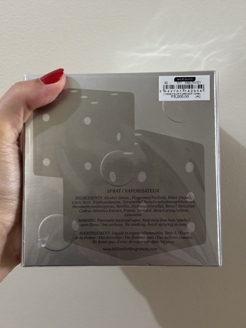 Billie Eilish Your Turn Eau De Parfum 100ml (Category: Fragrance & Deodorants) located in Manila. Submitted by loureum (Listing ID 1468991078, Image 2). Description: - Authentic Billie Eilish Your Turn Eau de Parfum - Volume: 100ml - Condition: Brand new, sealed in original plastic wrap - Packaging: Silver dice-inspired textured box with bold lettering - Guaranteed untouched with original Watsons price sticker intact Sealed and brand new Reason f