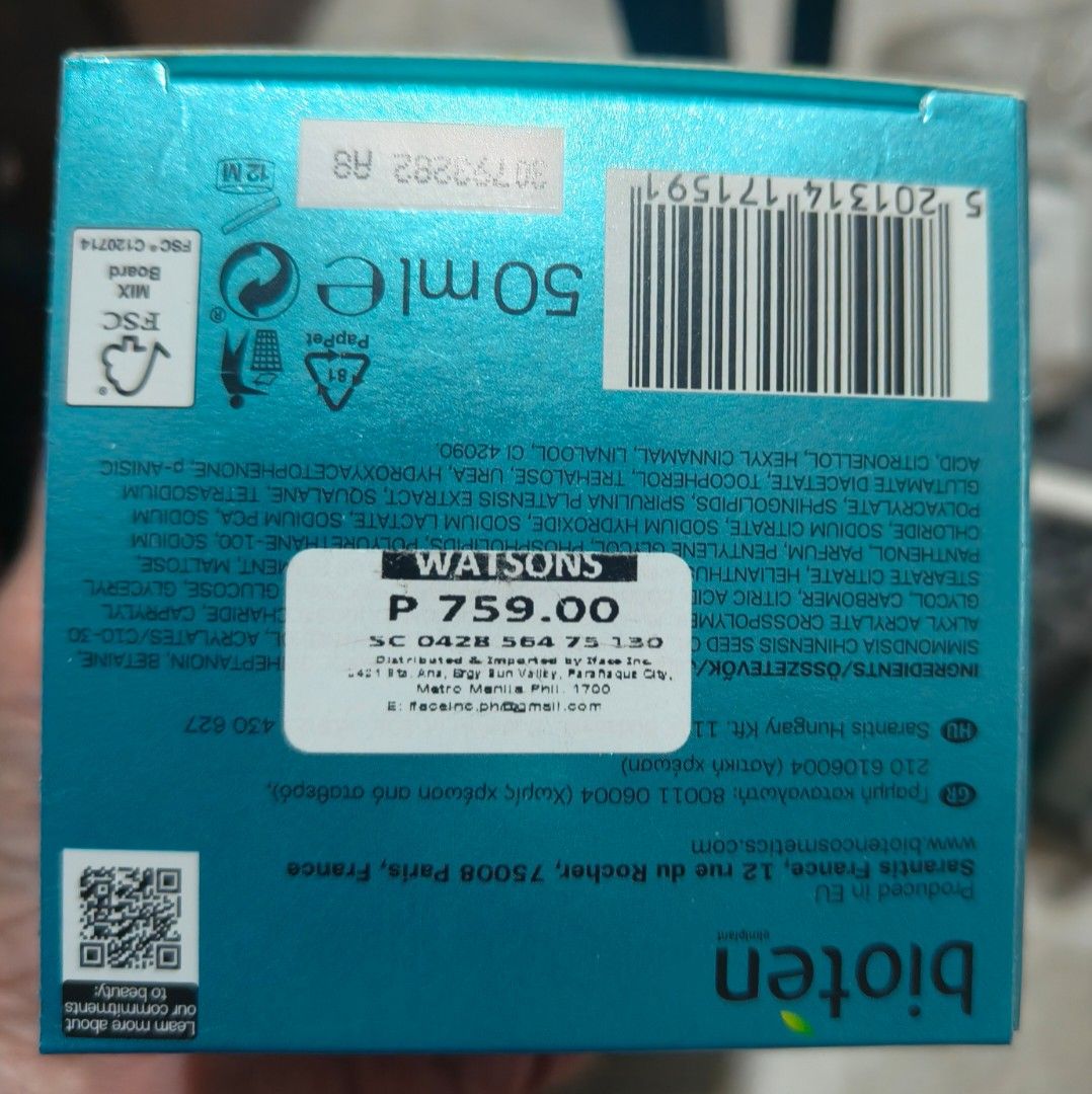 Bioten Face Gel Cream (Category: Face Care) located in Cavite. Submitted by sophiayudequina (Listing ID 1469109777, Image 3). Description: Bioten Face Moisture Gel Cream Mall Pull out ( Watson's) Original Price: 759 SALE: 250 Expiration: 2027 OR 12 months after opening Made in France 📞Sophia 09265740431 Location: Molino 3 Bacoor MOD: Pick up via courier of your choice MOP: Gcash.